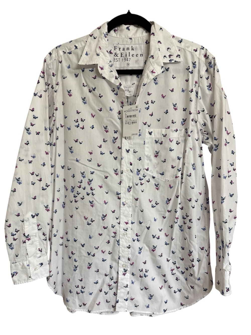 Frank & Eileen Joedy Pink/Blue Butterfly Button Down Shirt 100% Cotton Small NWT